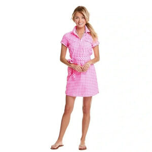 Vineyard Vines Gingham Performance Shirt  Dress Hot Pink